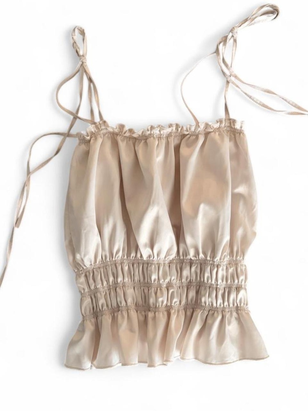 Zara Champagne Satin Smocked Ruffle Tie Strap Cami Tank Top Medium